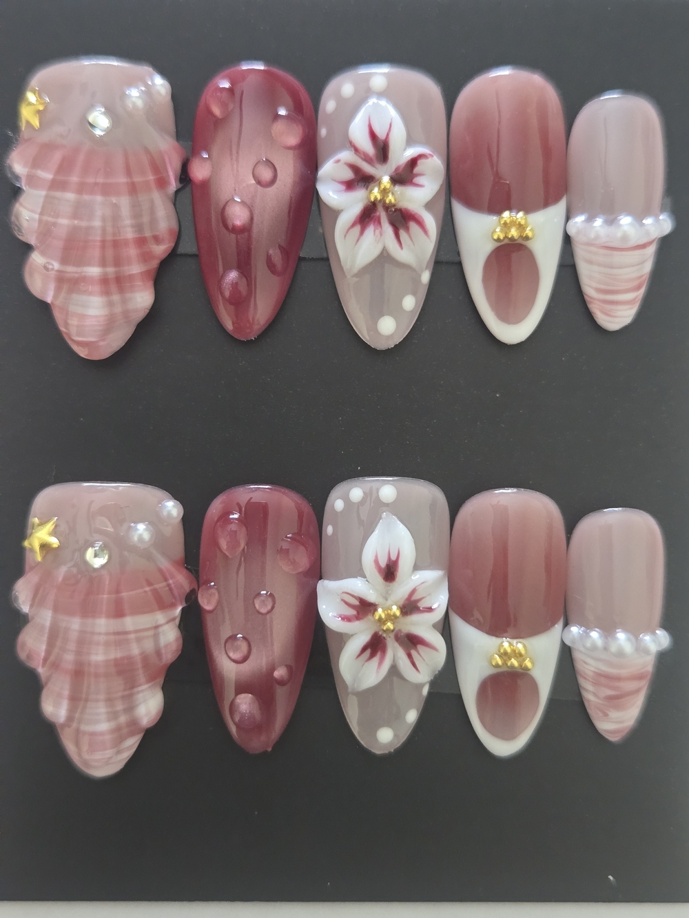 Hand Crafted Blush & Mauve Floral Press-On Nail Set with Pearls & Gems
